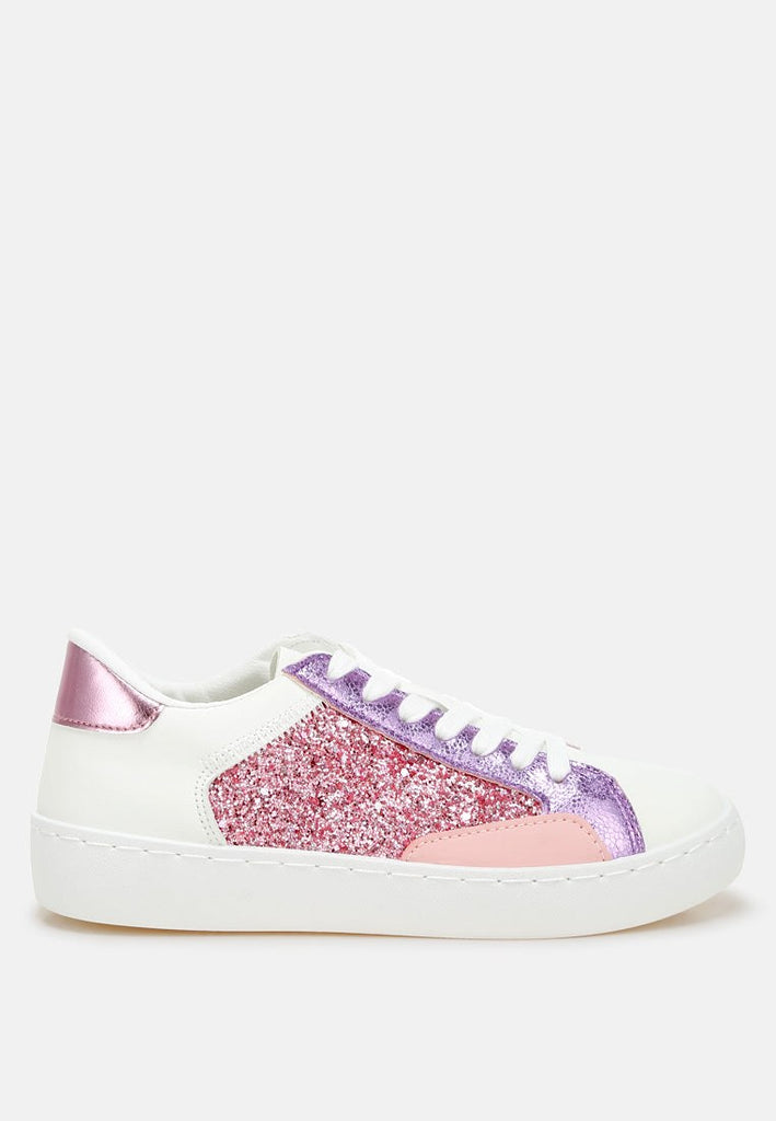 Cosmolight Glitter Faux Leather Sneakers with pink glitter and metallic details, cushioned insole, flatform sole, and lace-up design
