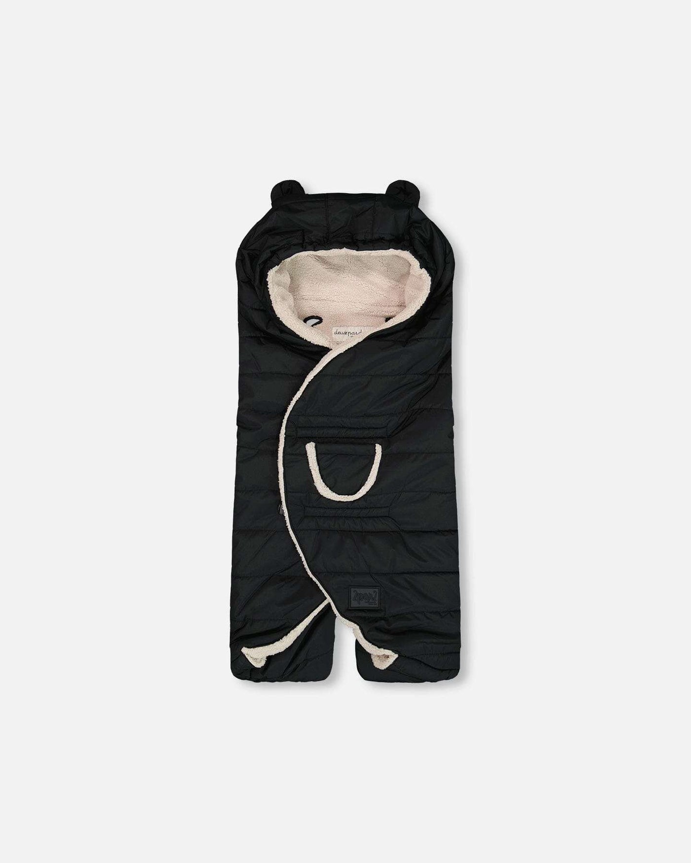 Snuggly Wrap Black car seat and stroller cover with plush lining, animal ears, velcro flaps, and pacifier pocket