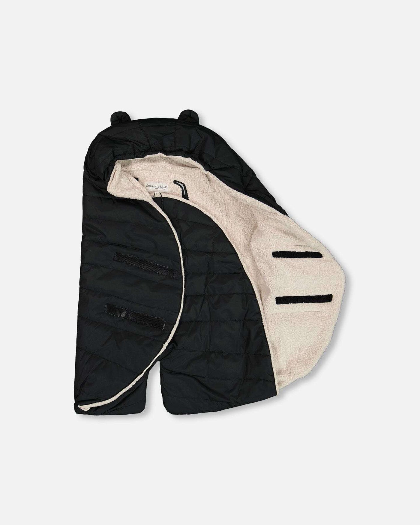 Black Snuggly Wrap for car seat and stroller with plush lining, animal ears, velcro flaps, and pacifier pocket