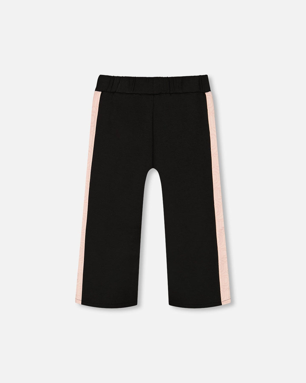 Black cropped wide leg pant with pink contrast side bands and elastic waistband