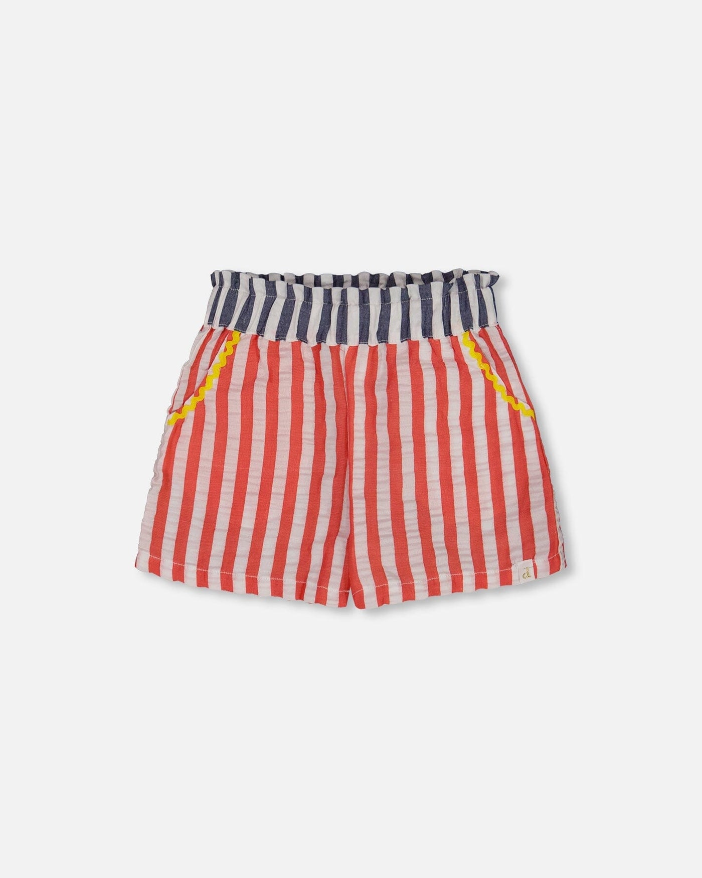Red, white, and black striped seersucker shorts with elastic waistband and yellow ricrac trim