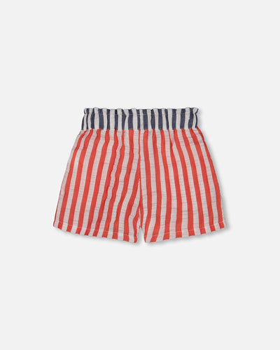 Red, white, and black striped seersucker shorts with elastic waistband and front pockets