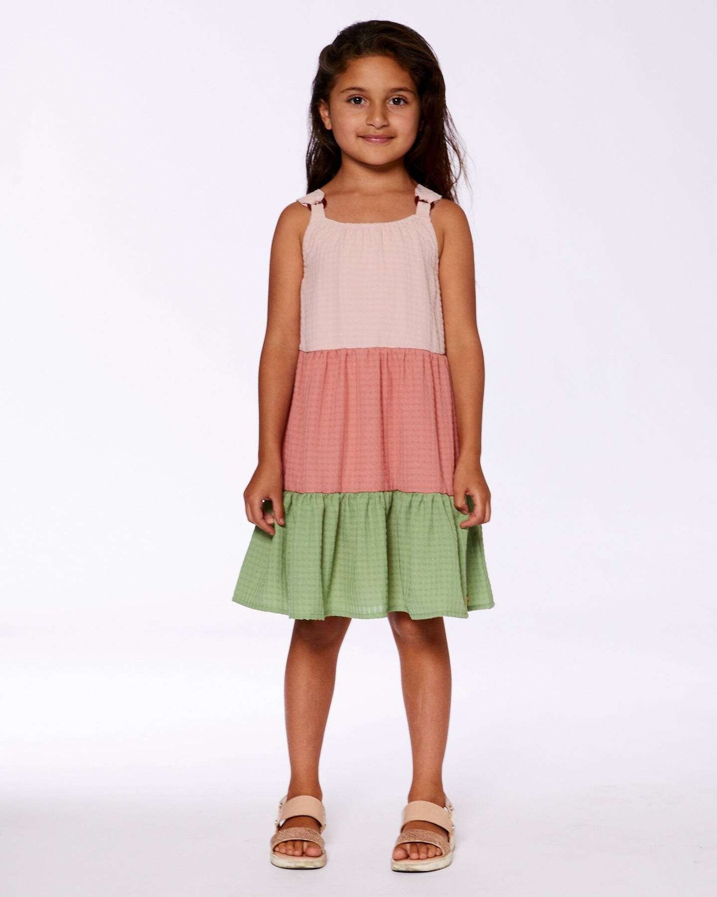 Tiered Color Block Peasant Dress Peach Pink And Green-2