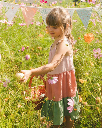 Tiered Color Block Peasant Dress Peach Pink And Green-3