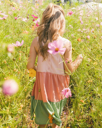 Tiered Color Block Peasant Dress Peach Pink And Green-1