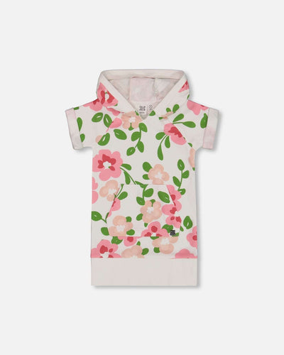 Printed French terry hooded dress with pink floral print on white background and short raglan sleeves