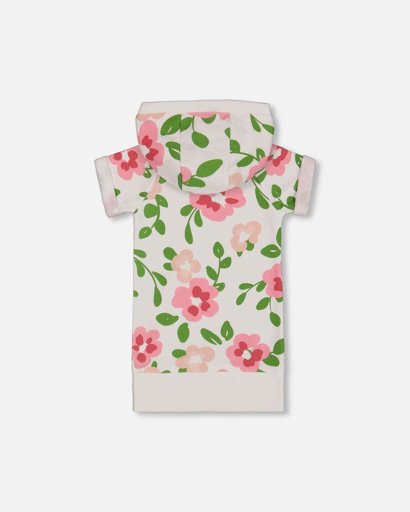 Printed French terry hooded dress with pink floral print on white background and short sleeves