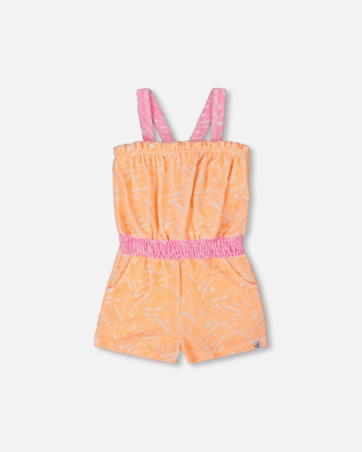 Printed terry cloth romper in vibrant orange and white with pink straps and elastic waistband