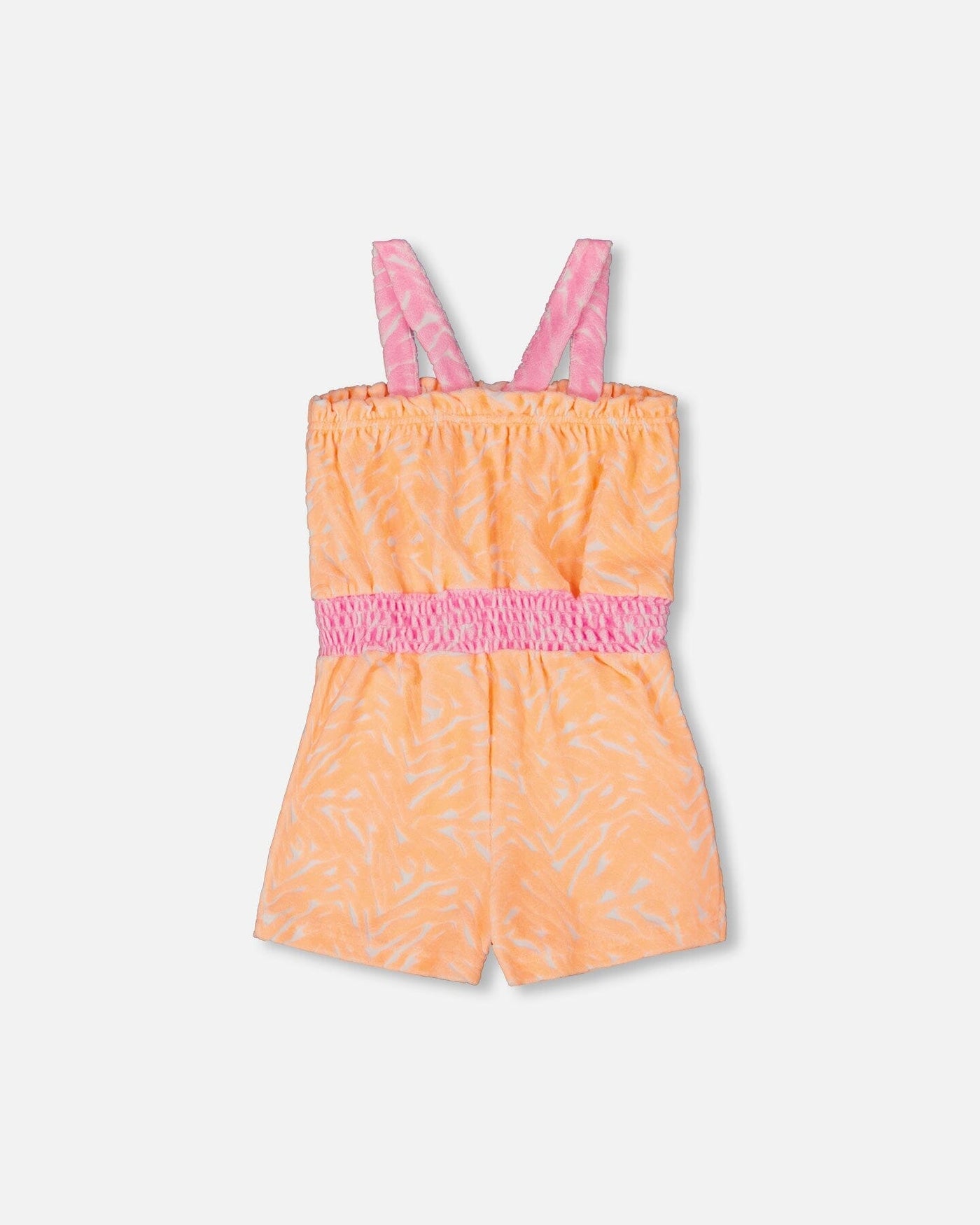 Printed terry cloth romper in vibrant orange and white with pink straps and elastic waistband