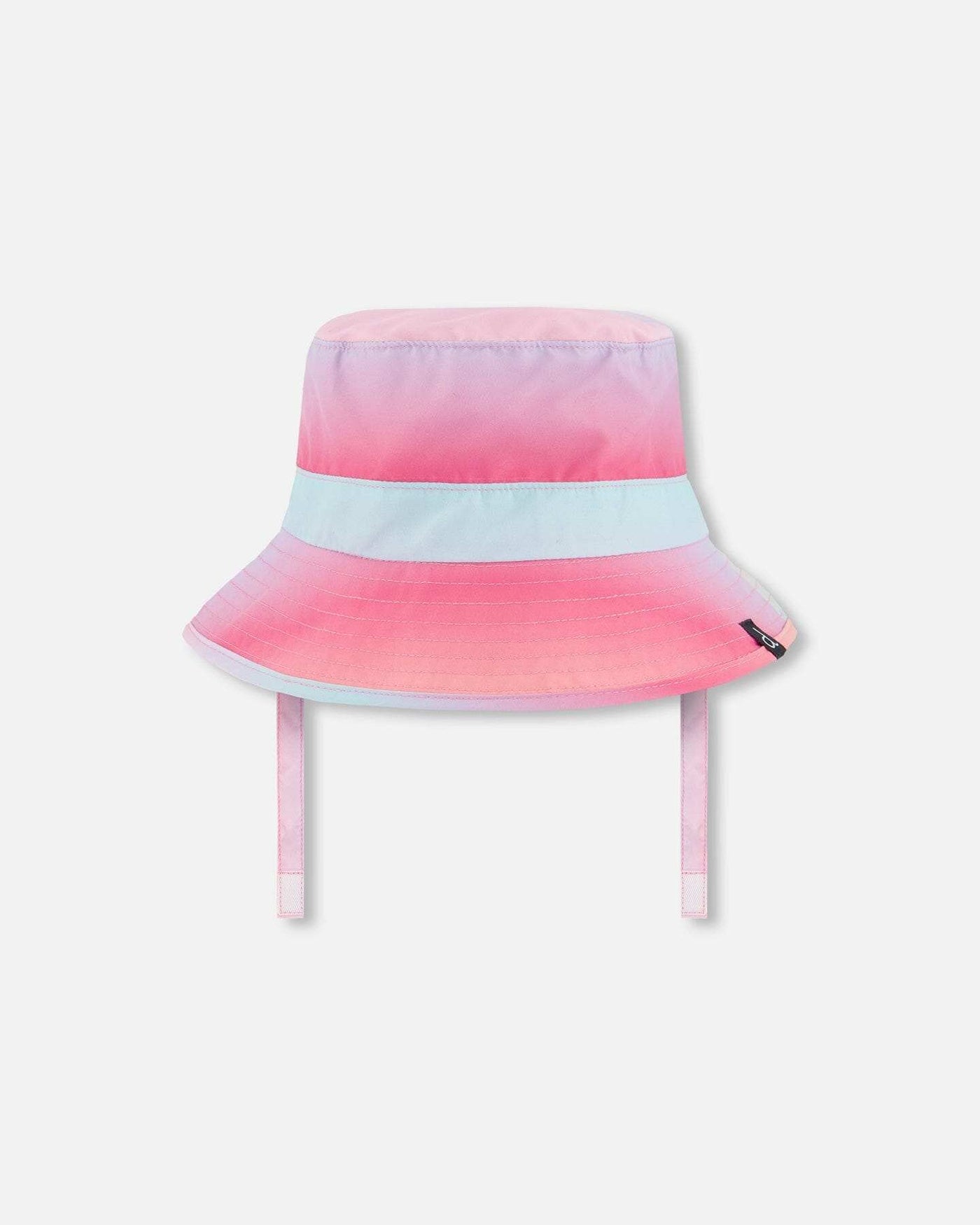 Printed beach sun hat in pink, orange, and turquoise with UPF 50+ protection and chin strap