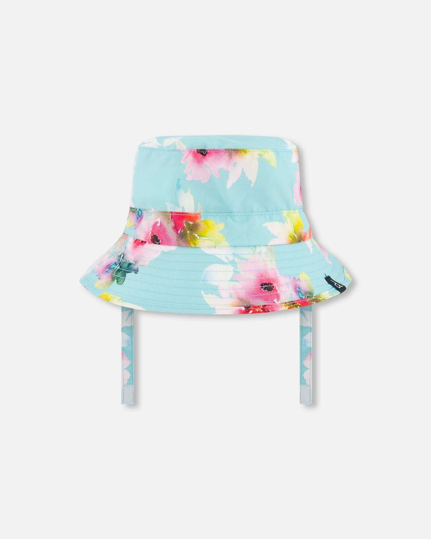 Printed beach sun hat with turquoise base and pink floral pattern, flat top, downturned brim, and chin strap for sun protection.