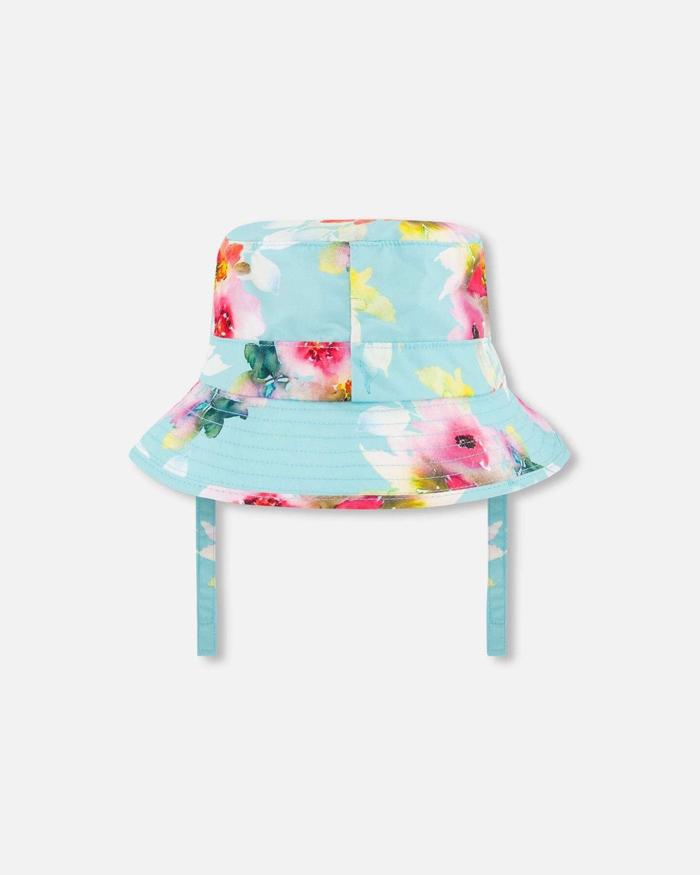 Printed beach sun hat in turquoise with pink floral design and chin strap for sun protection