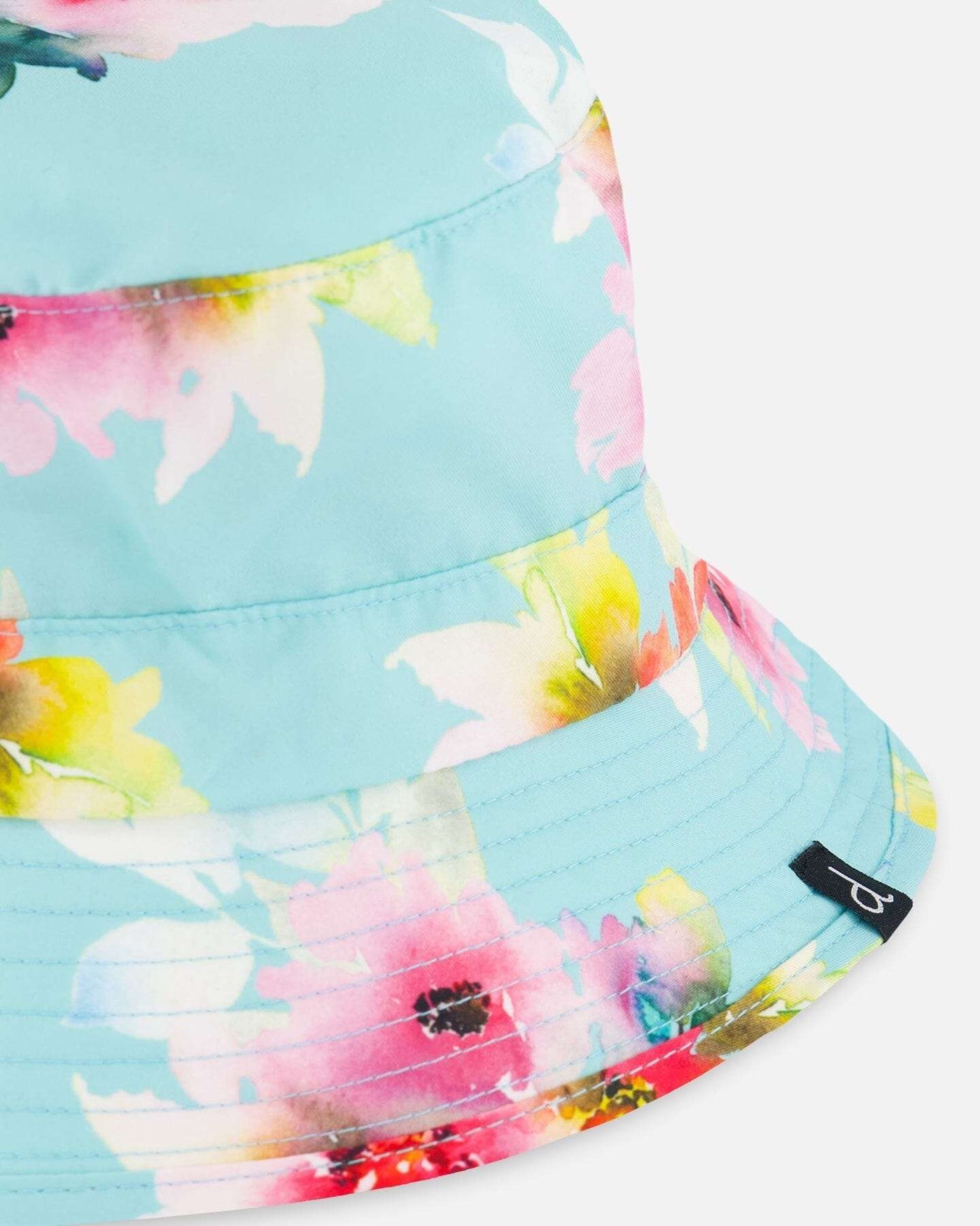 Printed Beach Sun Hat in turquoise with pink and yellow floral pattern and downturned brim