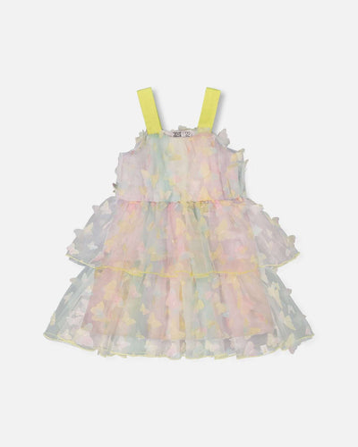 Multicolored tiered printed mesh dress with butterfly appliques and yellow straps for girls