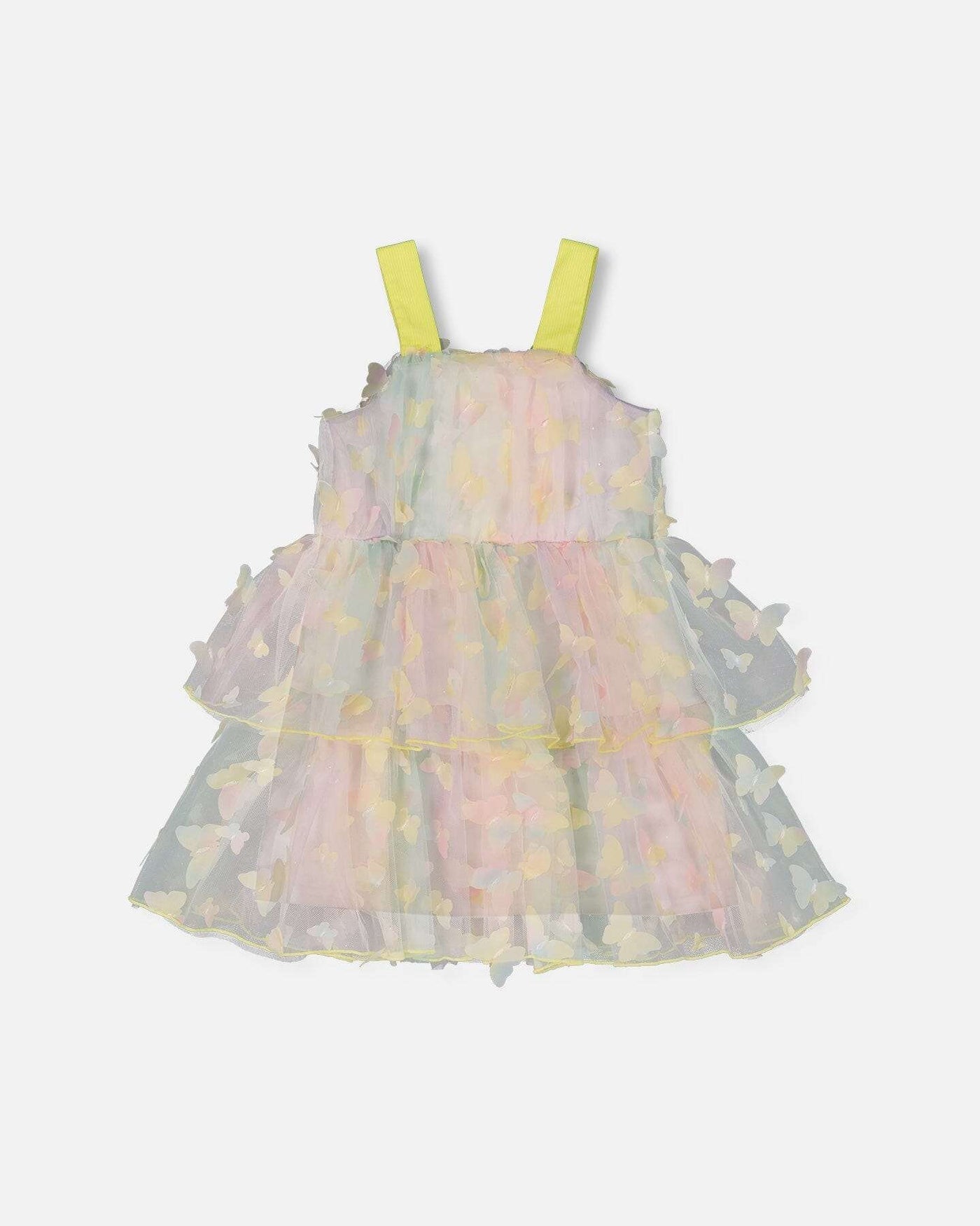 Multicolored tiered printed mesh dress with butterfly appliques and yellow wide straps
