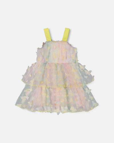 Multicolored tiered printed mesh dress with butterfly appliques and yellow wide straps