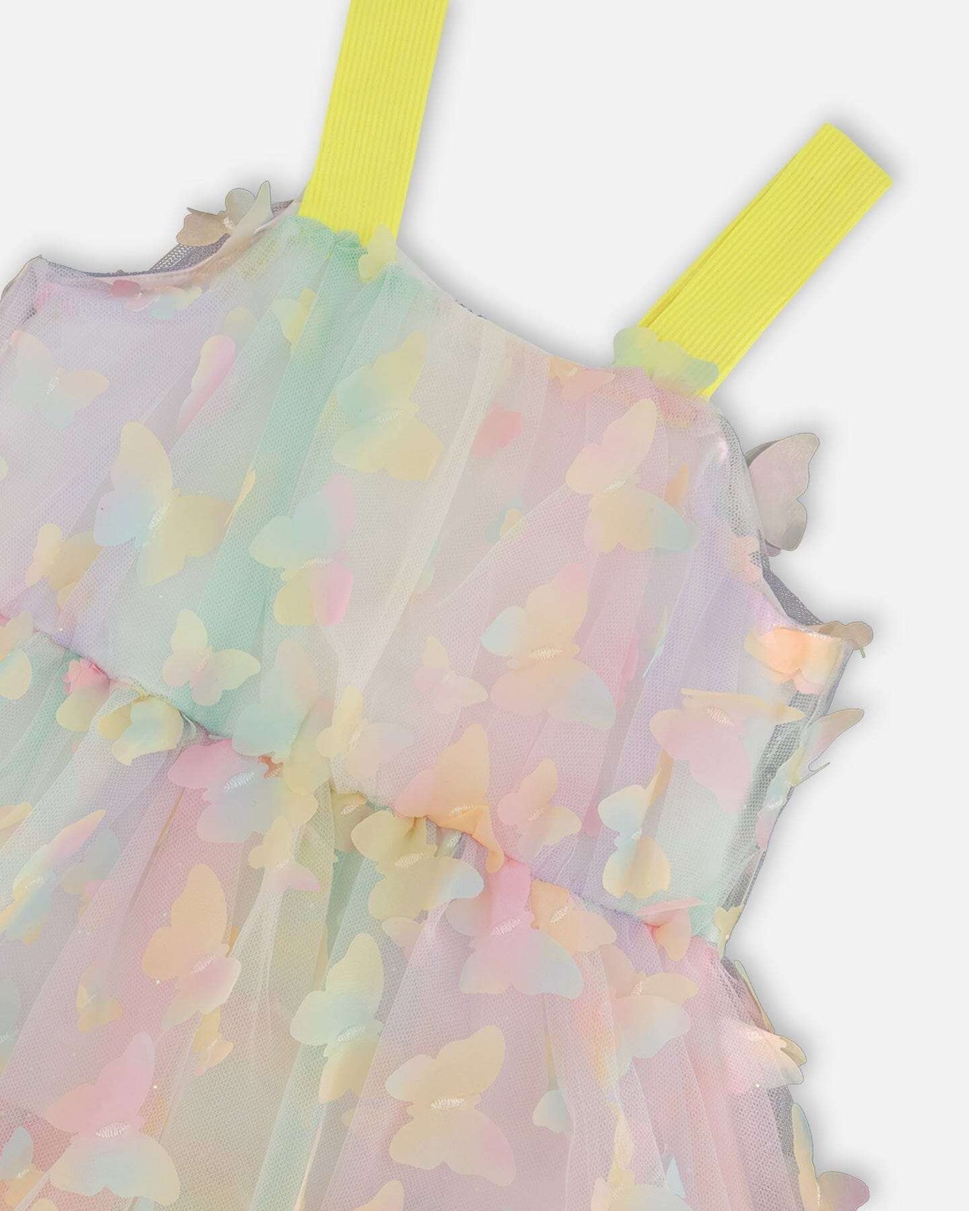 Multicolored tiered printed mesh dress with gradient pastel butterfly appliques and yellow wide straps