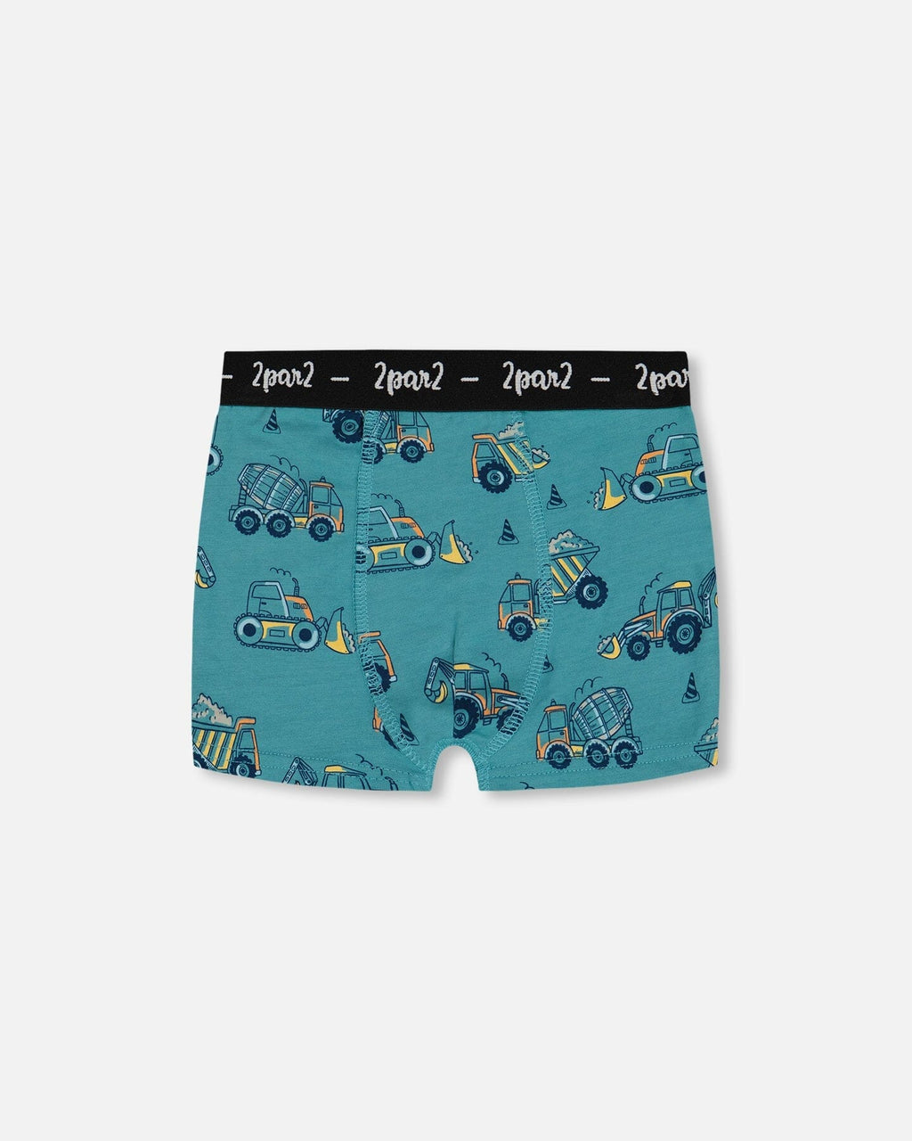 Printed organic cotton boxer shorts in teal with yellow truck pattern and black elastic waistband.