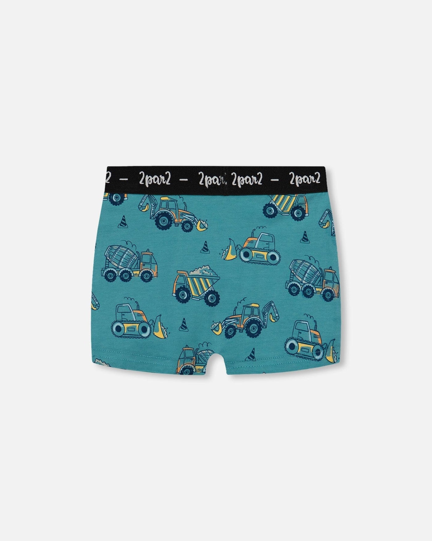 Printed organic cotton boxer shorts in teal with yellow truck print and black logo waistband