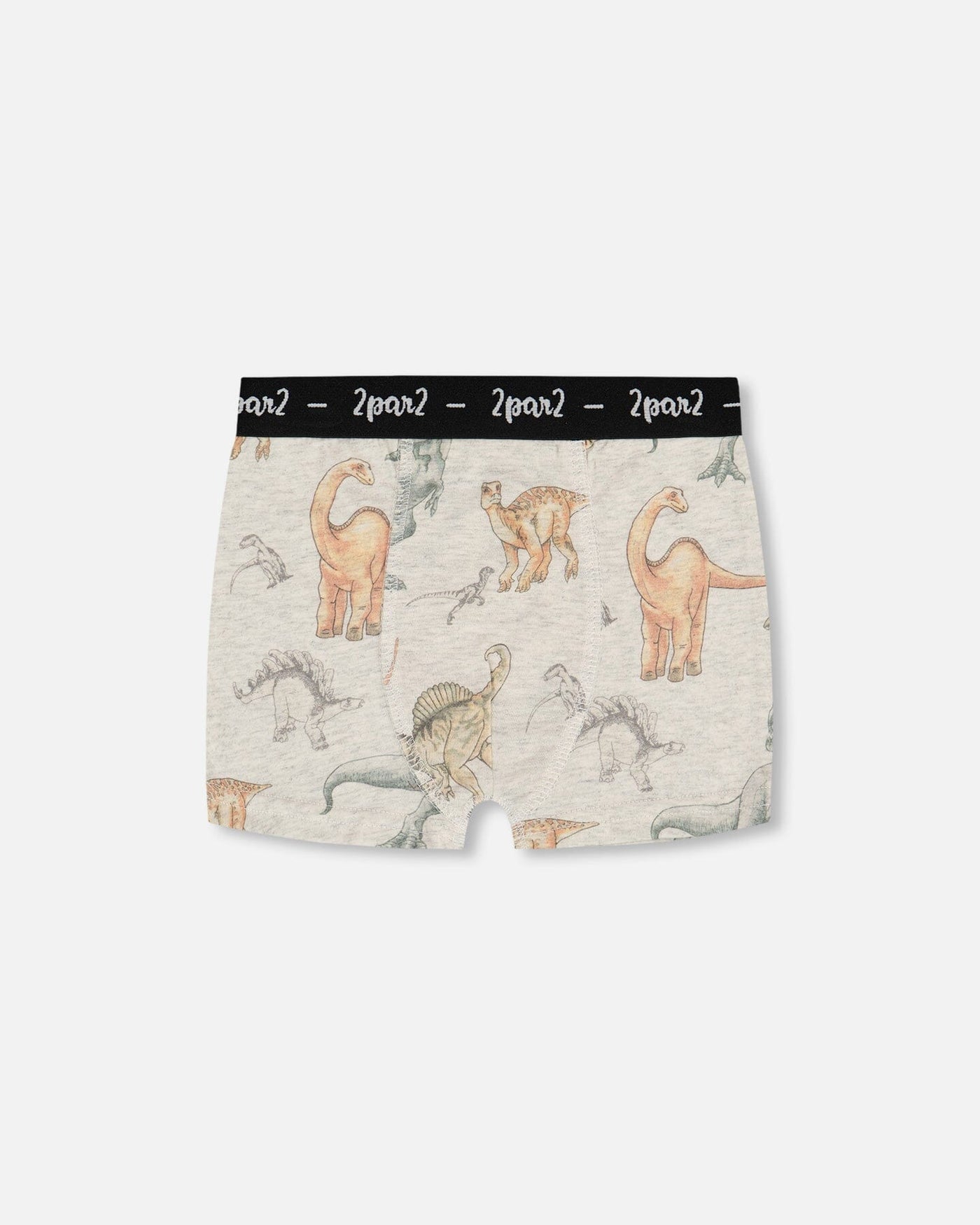 Printed organic cotton boxer shorts with allover dinosaur print on mottled tan background and black elastic waistband with logo