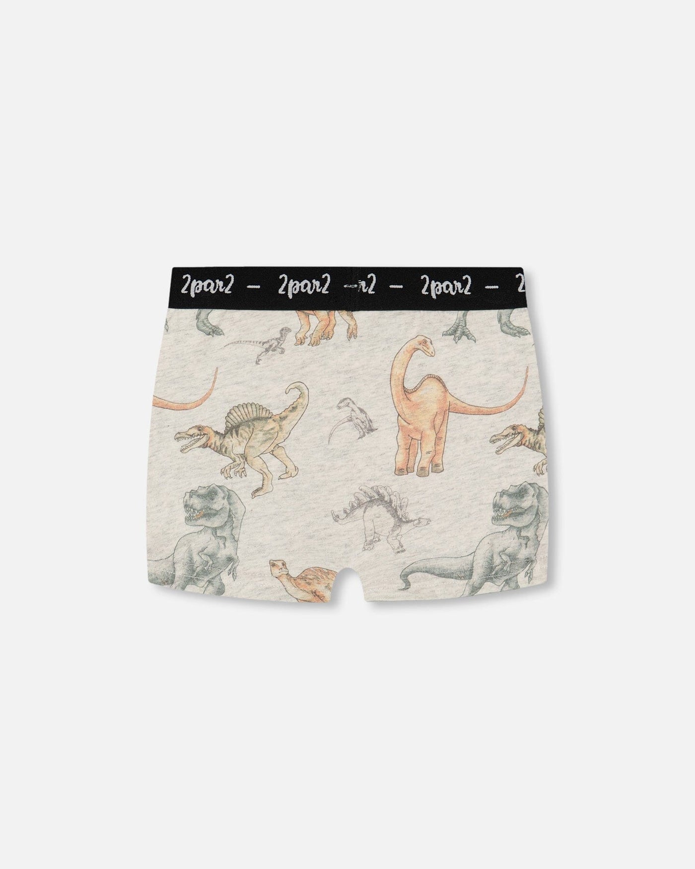 Printed organic cotton boxer shorts with dinosaur print on mottled tan background and black logo elastic waistband