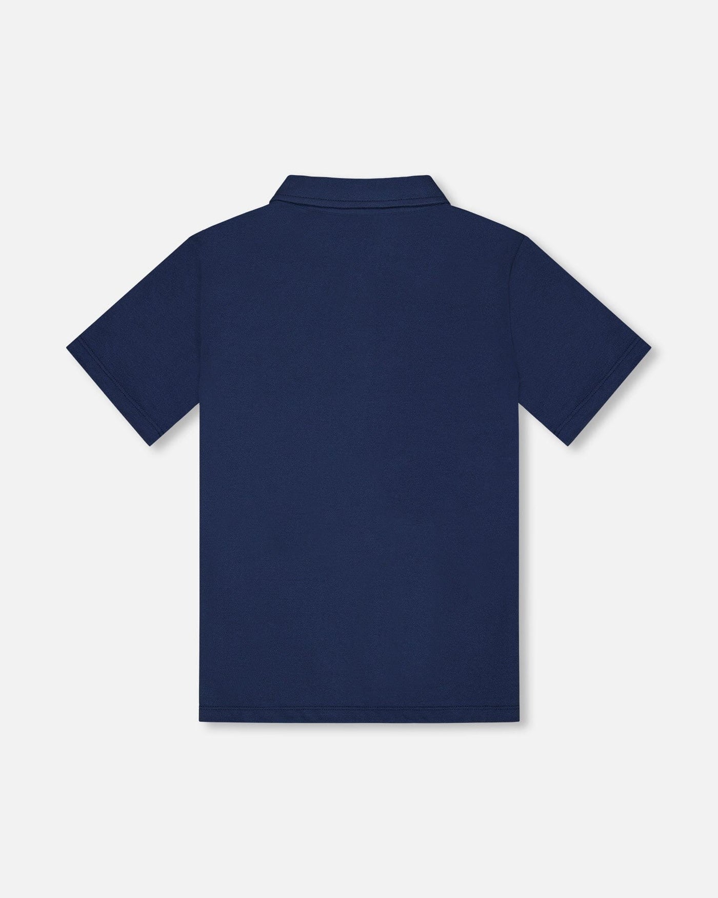 Navy blue short sleeve polo shirt with knit collar and button placket, made from soft stretch cotton fabric.