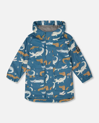 Blue raincoat with color-changing crocodile print and attached hood for kids