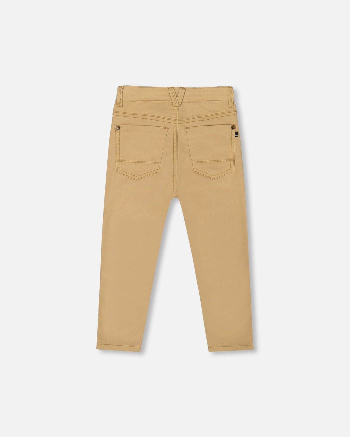 Back view of light golden beige stretch twill pants with slim fit and detailed stitching