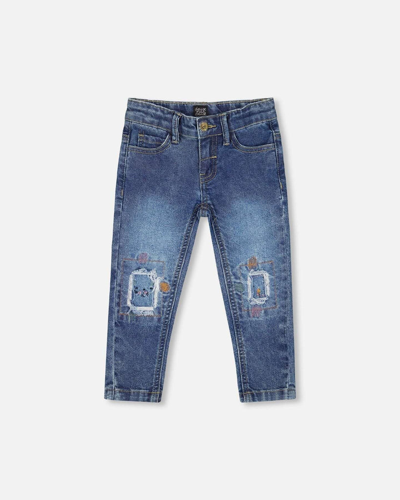 Kids blue denim jeans with embroidered details and stretch fit