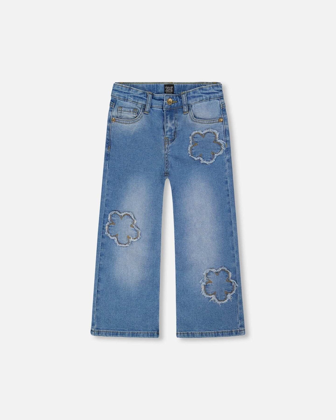 Wide leg stretch light blue denim jeans with flower stitching and front pockets