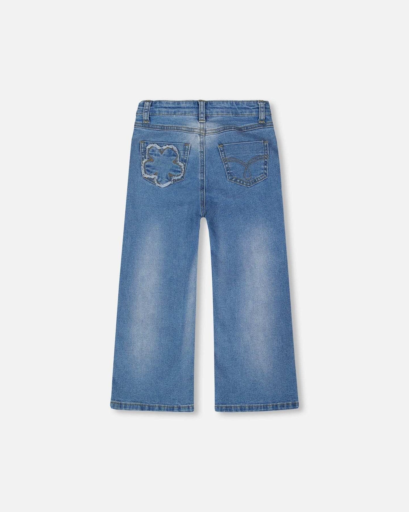 Wide leg stretch light blue denim jeans with flower stitching and back pockets
