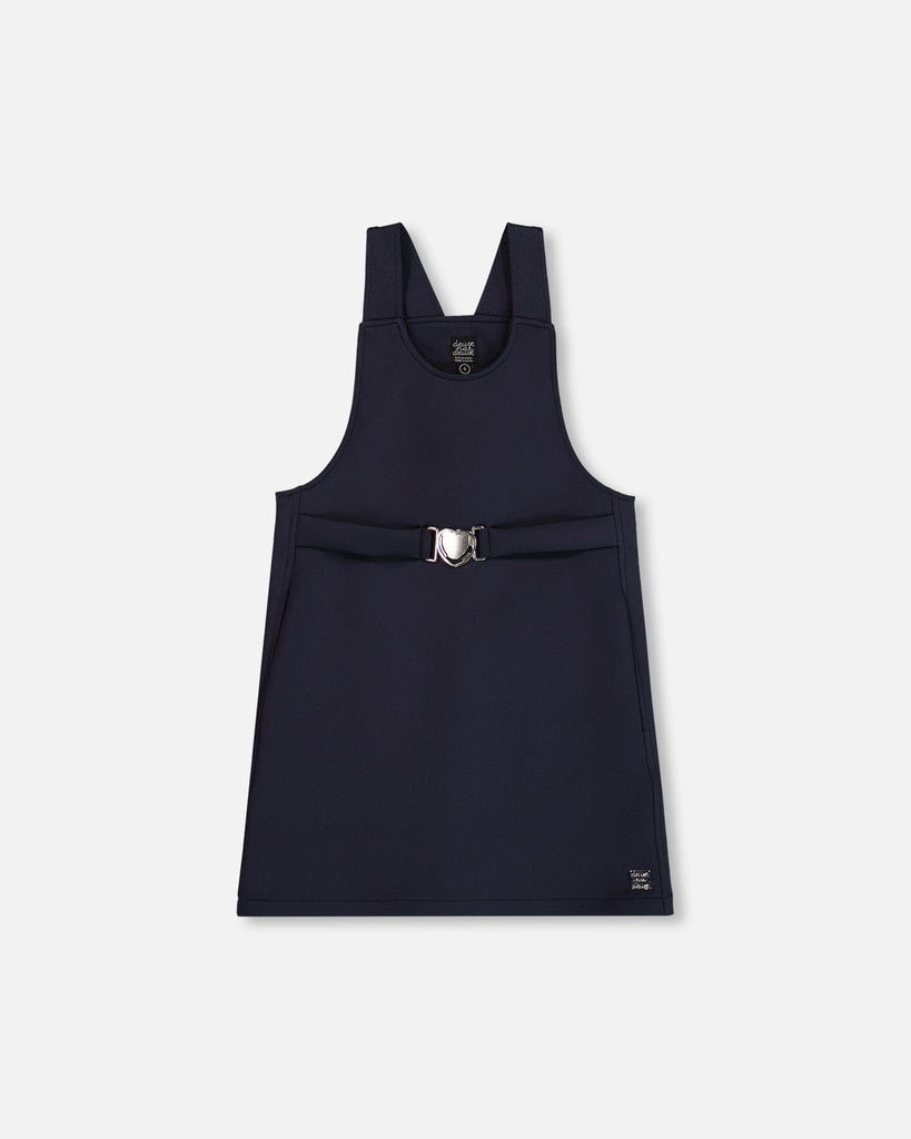 Navy blue sleeveless Milano jumper dress with wide straps and silver buckle detail