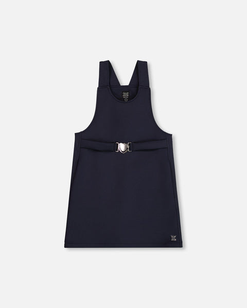 Navy blue sleeveless Milano jumper dress with wide straps and silver buckle detail