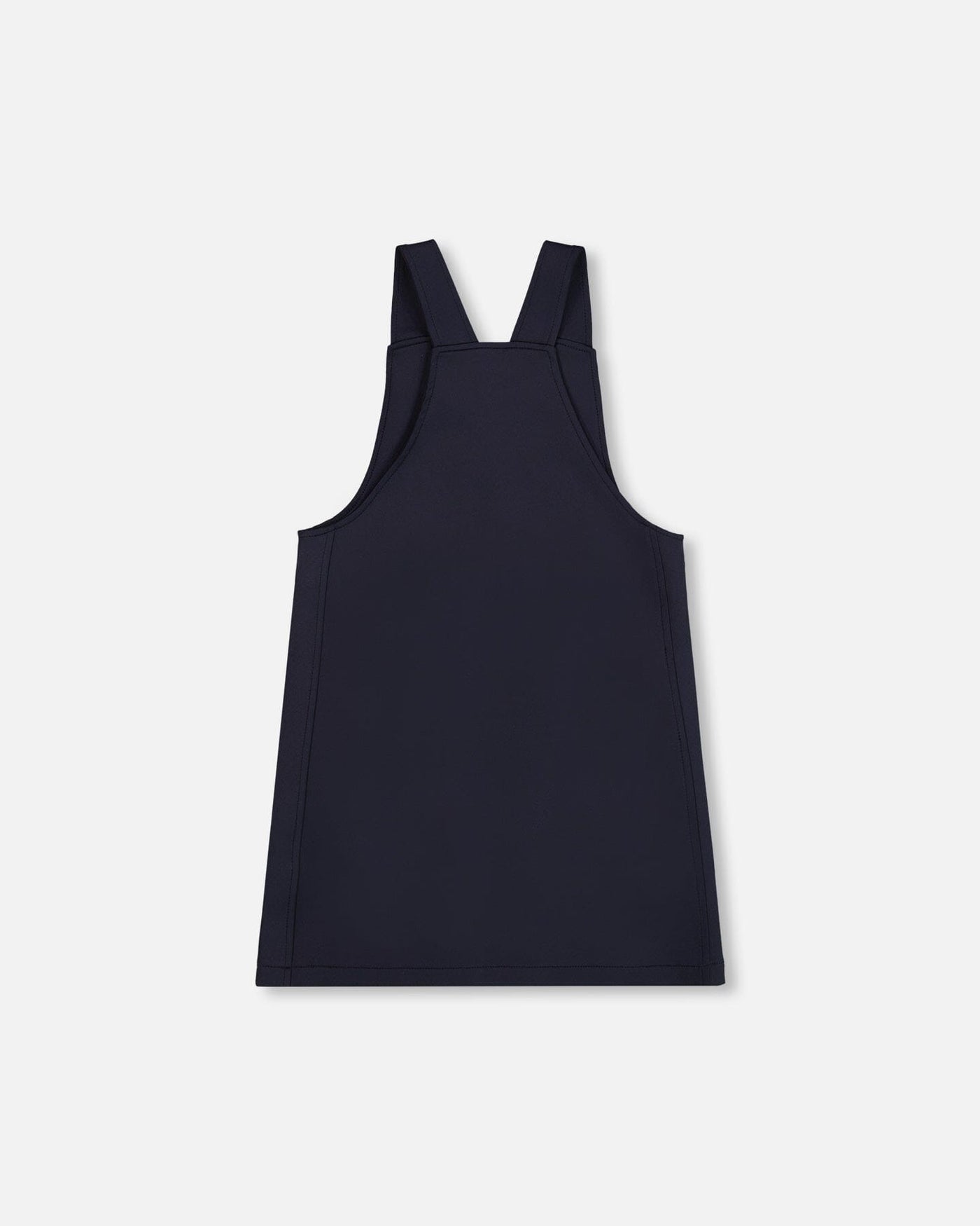 Navy blue sleeveless Milano jumper dress with wide straps and silver buckle detail