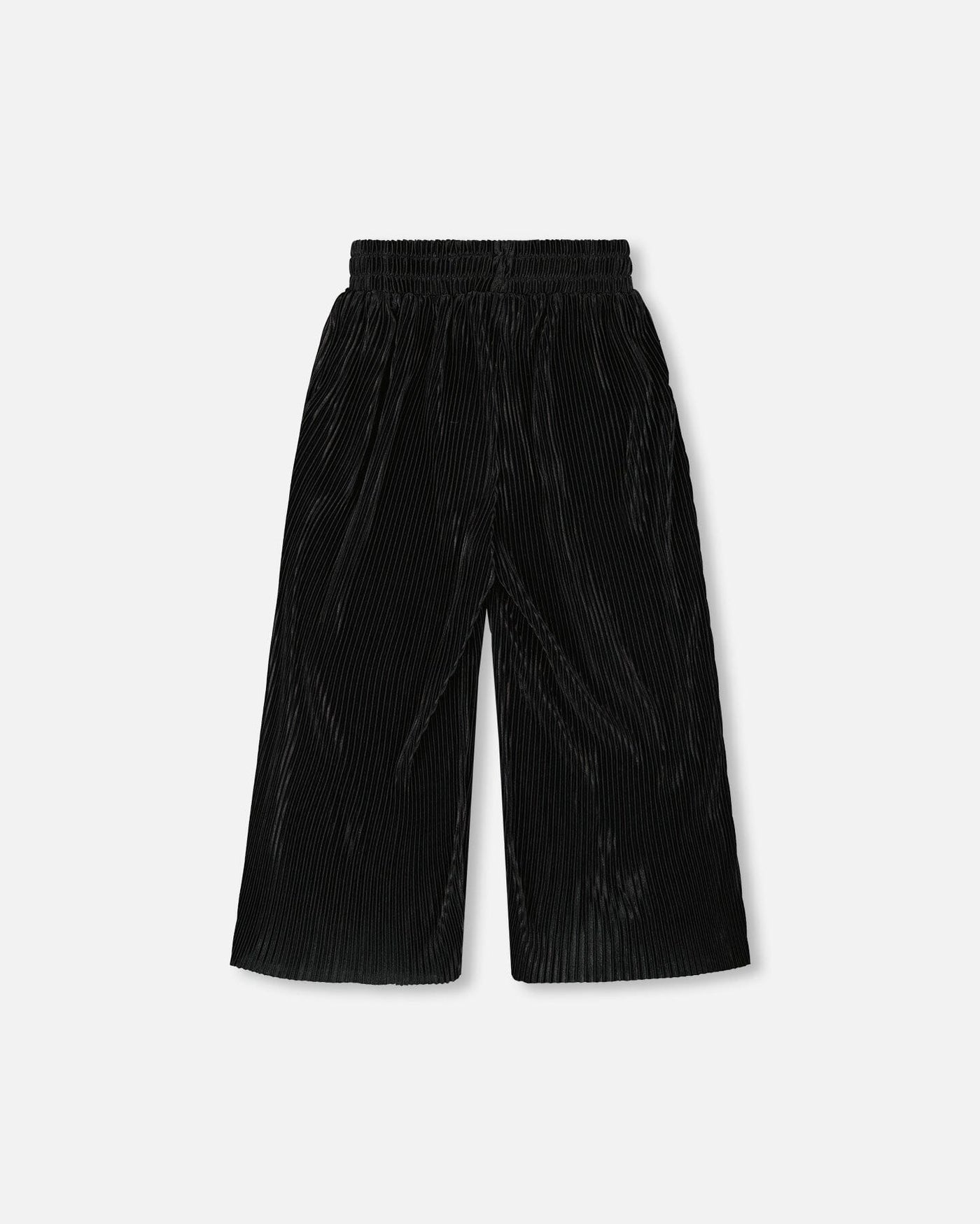 Black wide leg pleated pants with elastic waistband in lightweight jersey fabric