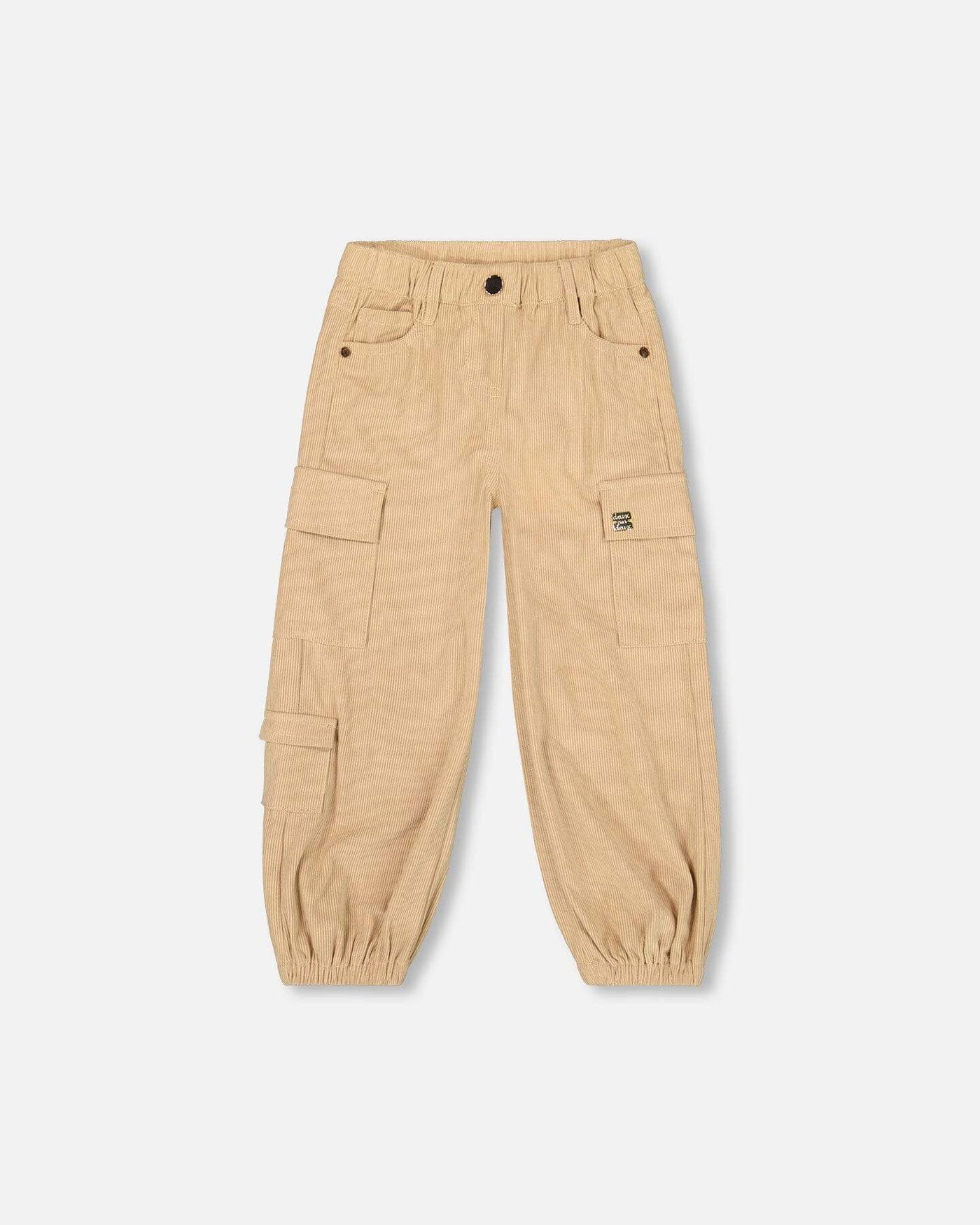 Light pecan brown parachute corduroy pants with cargo pockets and elastic cuffs