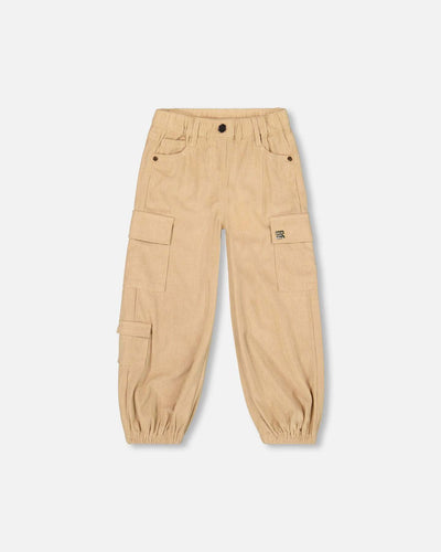 Light pecan brown parachute corduroy pants with cargo pockets and elastic cuffs