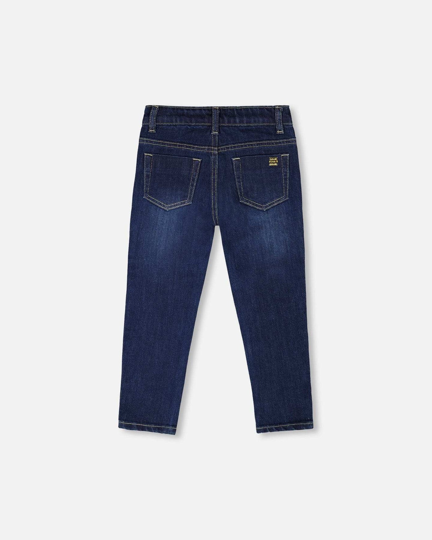 Back view of blue denim stretch jeans with classic five-pocket design and contrast stitching