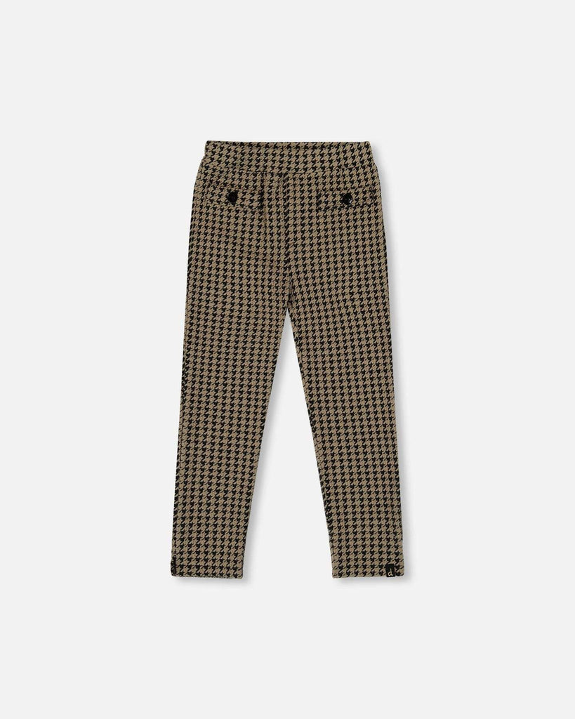 Slim straight jacquard knit pant with houndstooth pattern and button welt pockets