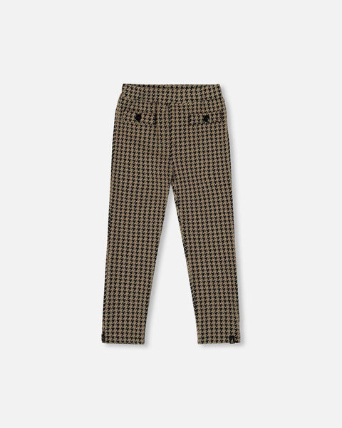 Slim straight jacquard knit pant with houndstooth pattern and button welt pockets
