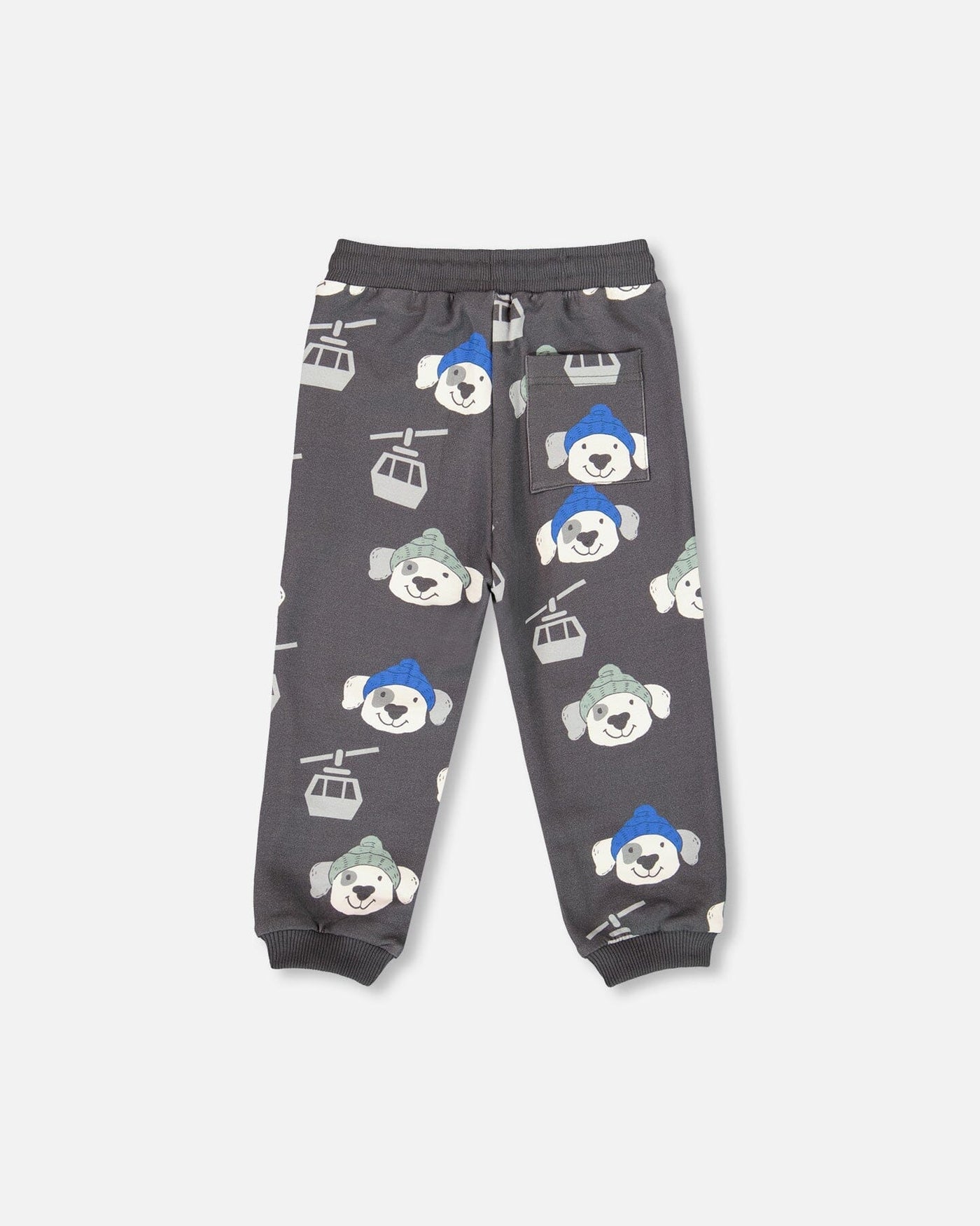 Gray fleece sweatpants with playful dog and ski gondola print, featuring a drawstring waistband and rib knit cuffs.