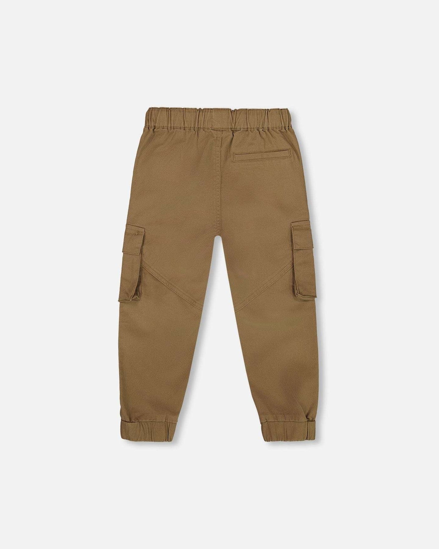 Taupe twill jogger cargo pants with drawstring waistband, elastic ankles, and flap pockets.