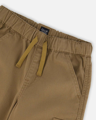 Twill Jogger Cargo Pants in taupe with drawstring waistband and slant front pockets