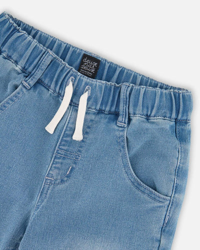 Light blue denim French Terry Jogger Pants with elastic waistband and front pockets