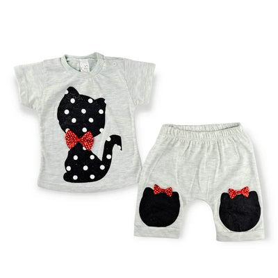 Shadow Cat Girls baby outfit set with 100% cotton short-sleeve top and soft pants featuring black polka dot cat design and red bow accents.