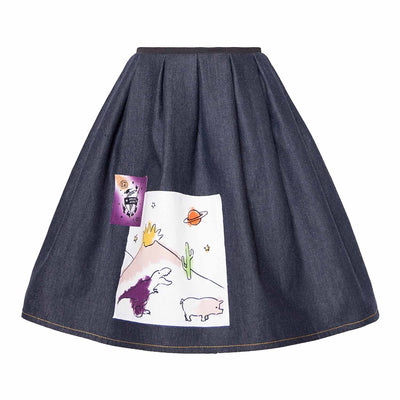 Blue denim midi skirt with colorful appliqué featuring playful animal and space designs, made from organic cotton.