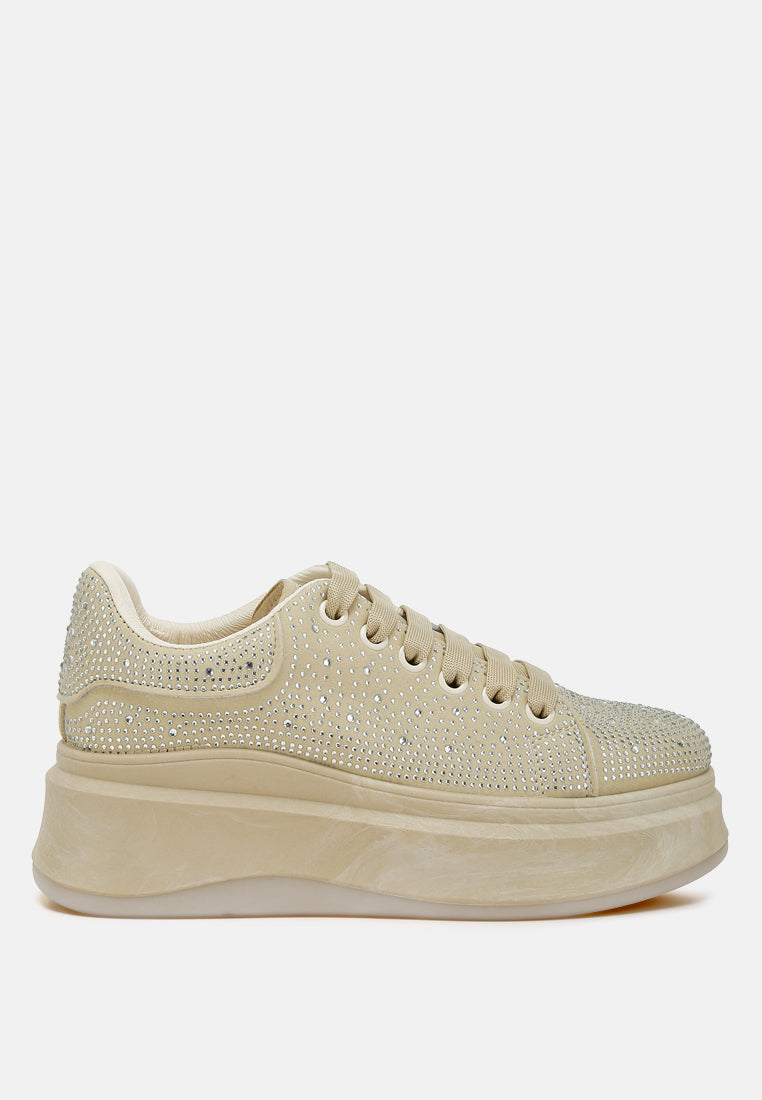 Jitter Bug Rhinestones embellished chunky microfiber sneakers with lace-up design and 1.5-inch flatform heel