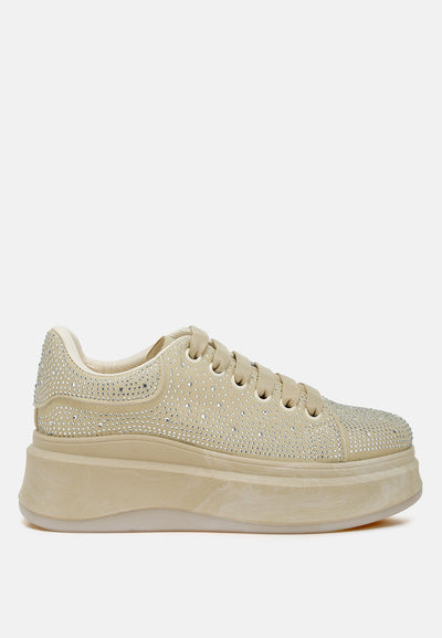 Jitter Bug Rhinestones embellished chunky microfiber sneakers with lace-up design and 1.5-inch flatform heel