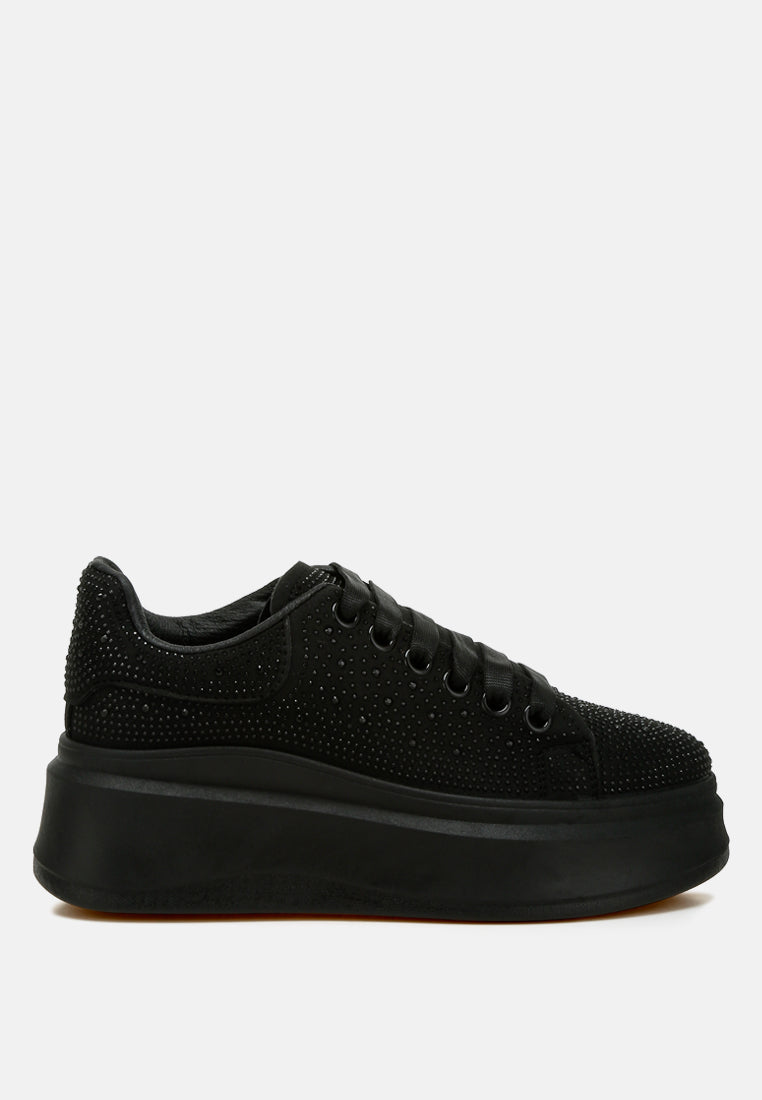 Black Jitter Bug Rhinestones embellished chunky platform sneakers with microfiber upper and lace-up design