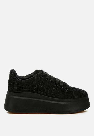 Black Jitter Bug Rhinestones embellished chunky platform sneakers with microfiber upper and lace-up design